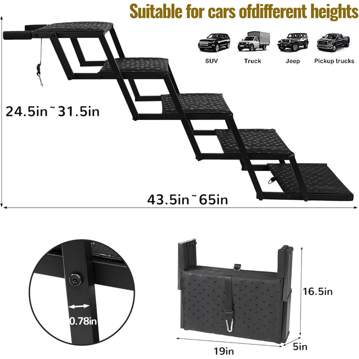 Сходинка для собак у машину - широка, складна, з антиковзким покриттям, для великих собак, підходить для авто, SUV, вантажівок, витримує до 113 кг (ширина 5 сходинок)