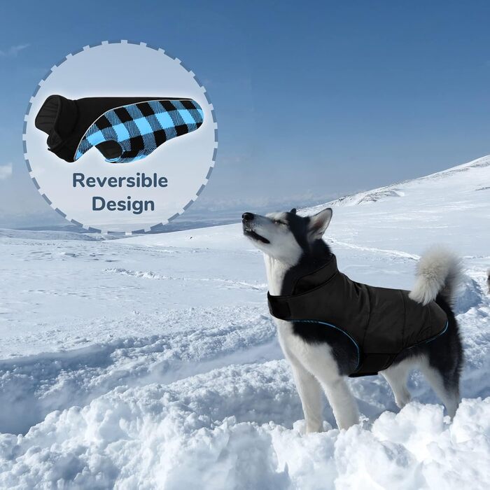 Теплий зимовий одяг для собак, куртка для собак з захистом живота, зимова куртка для собак зі світловідбиваючими елементами, двостороння куртка для собак, одяг для собак з отвором для шлейки, блакитна, розмір S