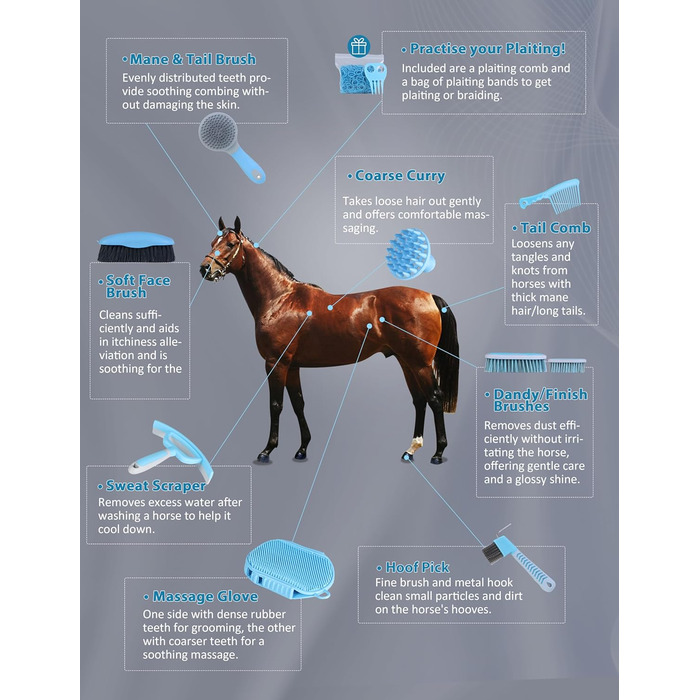 Набір для догляду за конями Harrison Howard, 9 предметів, блакитний. Органайзер, сумка для перенесення