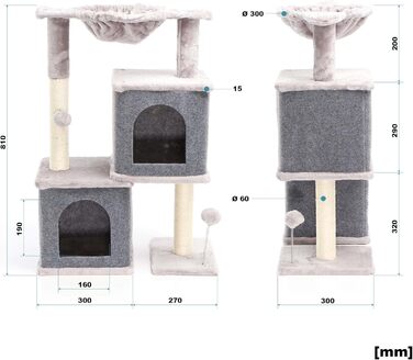 Котячий будиночок-крізьомачка Fudajo сірого кольору, 71,5 см, з платформою для відпочинку, лежаком, дряпалкою та будиночком для котів. Кліматичний комплекс для котів