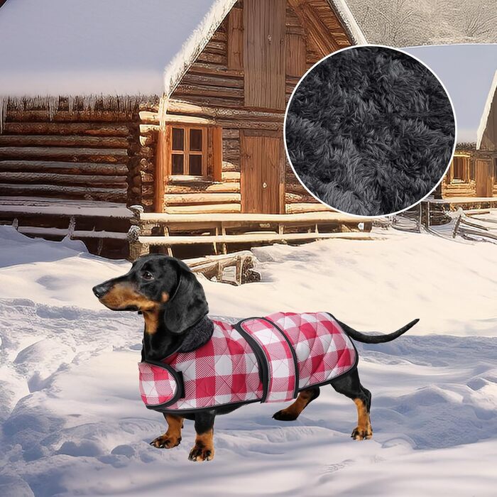 Водонепроникний собачий плащ Geyecete для такс, зимовий, з флісовою підкладкою, регульований, для вулиці, розмір M (довжина спини 42-45 см), в клітинку, рожевий