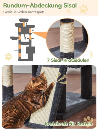 Котячий будиночок Taoqimiao 193 см XXL: великий, стабільний, з 2 будиночками, 7 стовпчиками для дряпання, гамаком та кошиком (MS047G, сірий)