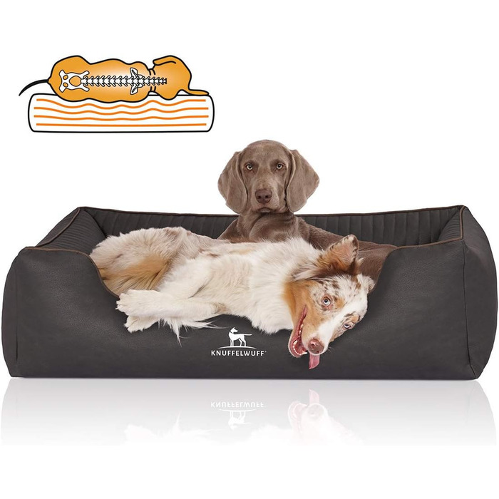 Ортопедичне собаче ліжко Knuffelwuff Columbia XL з лазерного стеганого штучного шкіряного покриття, 105 x 75 см. Знімний чохол, легко мити. Підходить для великих, середніх та маленьких собак (Чорний, L 105 x B 75 x H 25 см)