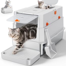 Закритий лоток для котів MIXJOY XXL з кришкою з нержавіючої сталі, дводверний туалет для великих та кількох котів з совком, сріблястий, 59x38x39 см