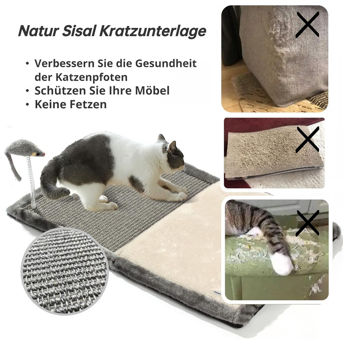 Килимок-кігтеточка для котів Happi N Pets із плетеного сизалю, з м'яким лежаком, інтерактивною іграшкою та котячою м'ятою, складаний