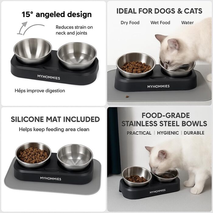 Миска для котів та собак з нержавіючої сталі з нахилом 15°, антиковзаюча, з двома мисками