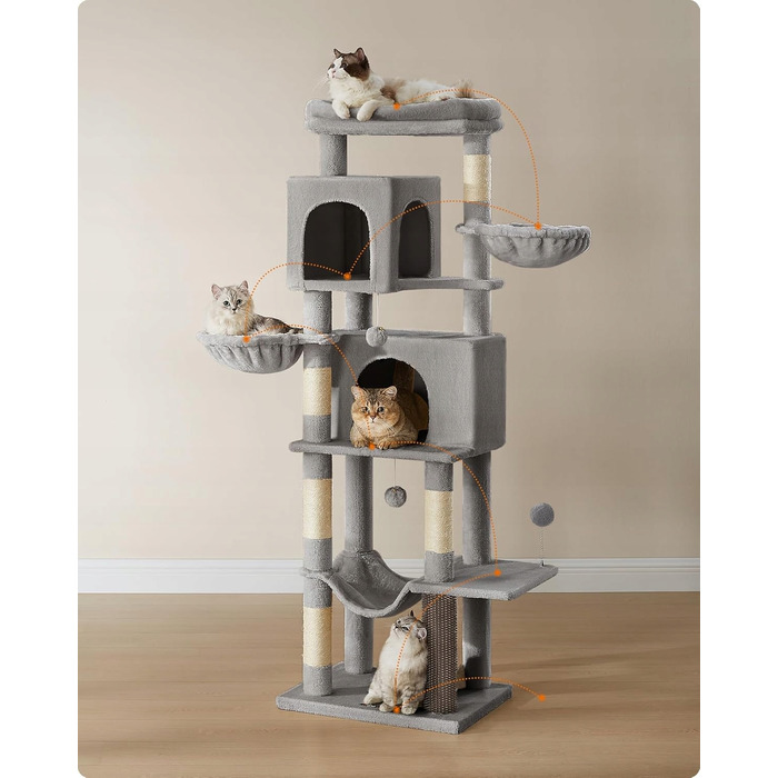 Високий когтеточка-комплекс Feandrea: ігровий центр з лежаком та стовпчиком для кігтів, 161 - 220 см