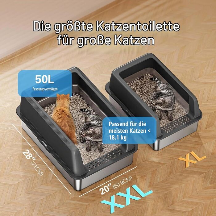 Лоток для великих котів Zarler XL із кришкою та високими бортами, нержавіюча сталь, сірий (58x37x26 см)