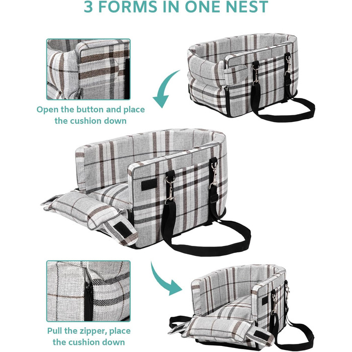 Автокрісло для собак маленьких порід, переносне автокрісло з м'яким, знімним, миючим подушечкою, для консолі авто, до 5,9 кг (сірий)