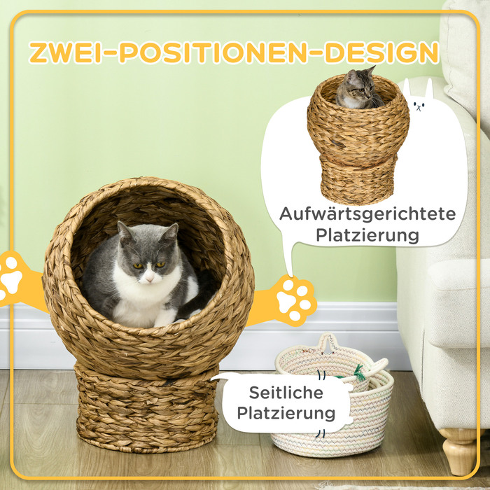 PawHut Rattan Cat Basket Ліжко для кішок з подушкою 42x33x52см з водного гіацинта, зручне & світло-коричневе для кішок