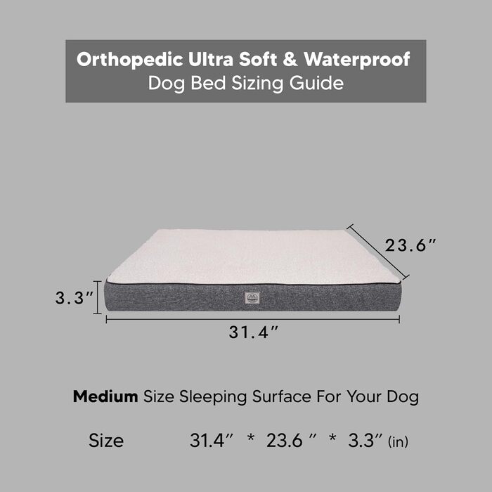 Ортопедичне ліжко для собак середніх порід, вологостійке, з ультрам'якою піною, знімний, пральний чохол та антиковзаюча підкладка, білий та сірий, розмір Medium (31.4'L x 23.6'W x 3.1'Th)