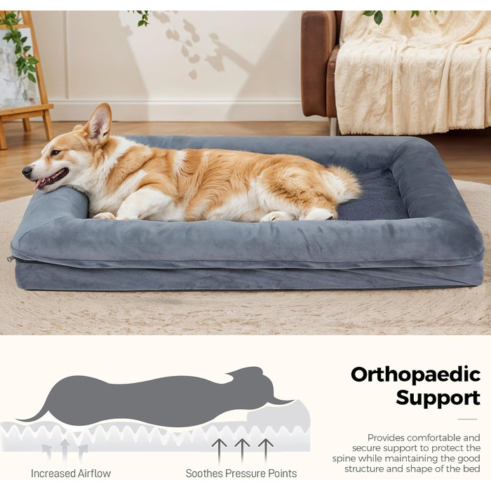 Велике собаче ліжко, водовідштовхувальне, ортопедичне, знімний, пральний чохол, неслизьке дно, котяче ліжко з піною з пам'яті для зменшення тривоги, преміум-фланель, 91x68x16 см, темно-сірий
