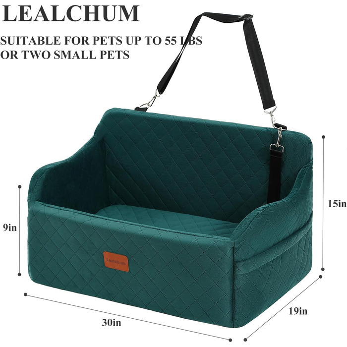 Автокрісло для собак великих порід, м'який матеріал, пам'ять, 2 страхувальні ремені, зелений, великий розмір