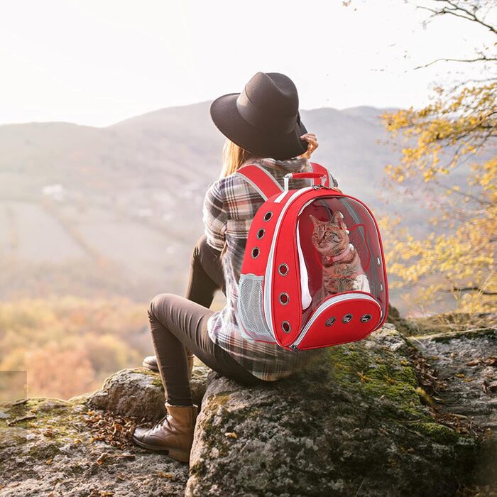 Рюкзак для котів та маленьких собак PETCUTE, дихаючий, знімний килимок, до 6 кг, з прозорим вікном, для подорожей (темно-червоний)