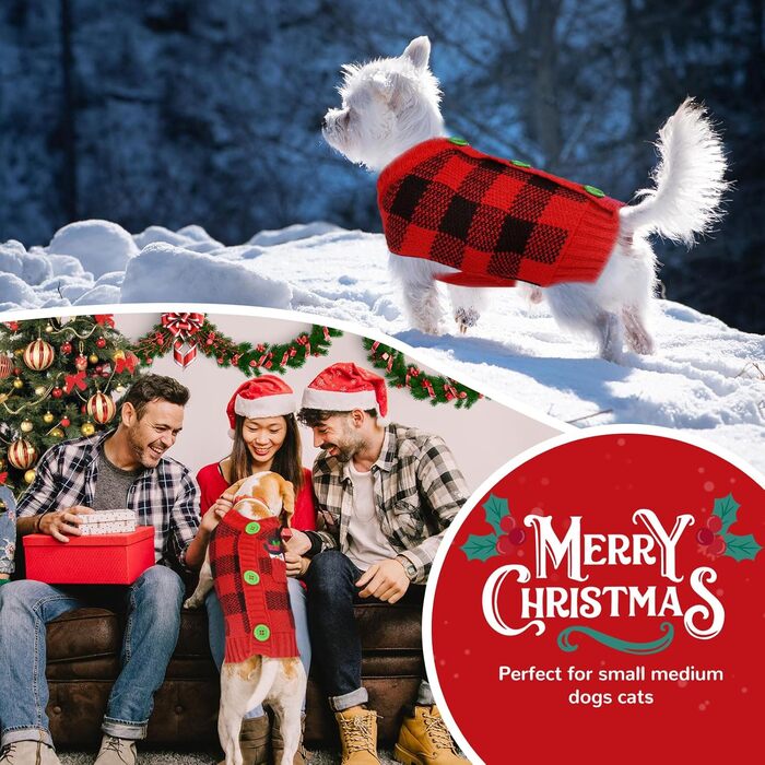 Теплий пуловер для собак з принтом ведмедика (M, червоно-чорний клітка)