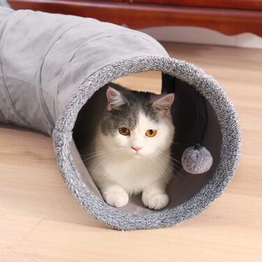 Складаний тунель для котів PAWZ Road з м'ячиком, іграшка-тунель для кошенят, цуценят, кроликів та дрібних тварин, сірий, S-подібний (Розмір S)