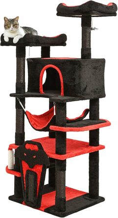 Драматичний котячий комплекс BYBYME в готичному стилі для Хелловін, 158 см, стабільний набір меблів для котів з ліжком, будиночком, гамаком, стовпчиками з сизалю, багатофункціональна котяча ігрова вежа (Чорний/Червоний)