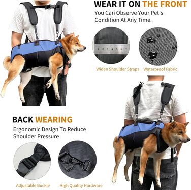 PETCUTE Рюкзак-переноска для собак, жилет-рюкзак для великих собак, повний жилет з ручкою, регульований рюкзак для собак похилого віку, з травмами суглобів, артритом, підходить для 7.5-15 кг (S, чорний+синій)