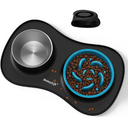 Набір мисок для собак MateeyLife 3-в-1: миска для їжі протиковзаюча, миска для води з нержавіючої сталі та силіконова підставка. Підходить для собак, котів та цуценят різних порід. Чорний колір.