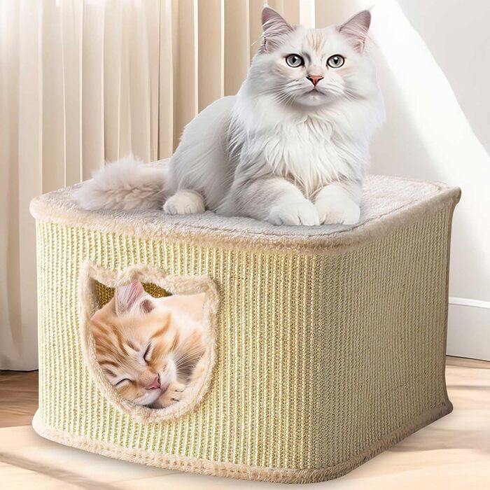 Преміум будиночок для котів Zooprinz – котячий кошик з товстими сизалевими стінами, печерка з м'яким плюшем та іграшкою, котячий будиночок у скандинавському стилі (Бежевий)
