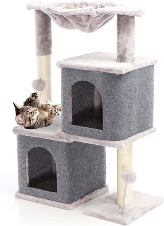 Котячий будиночок-крізьомачка Fudajo сірого кольору, 71,5 см, з платформою для відпочинку, лежаком, дряпалкою та будиночком для котів. Кліматичний комплекс для котів
