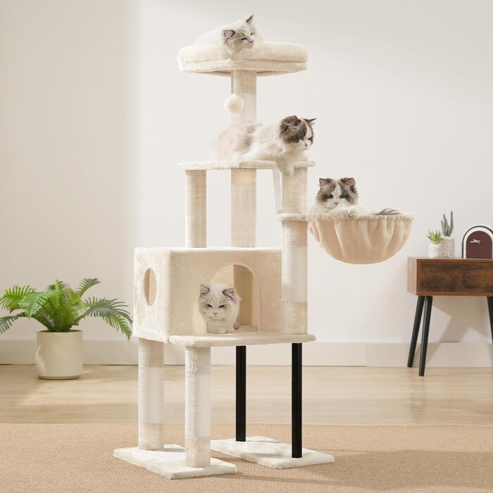 Комплекс для котів Heybly Kratzbaum 125 см: Дряпка-стовпчик з будиночком, полицями та іграшкою, бежевий