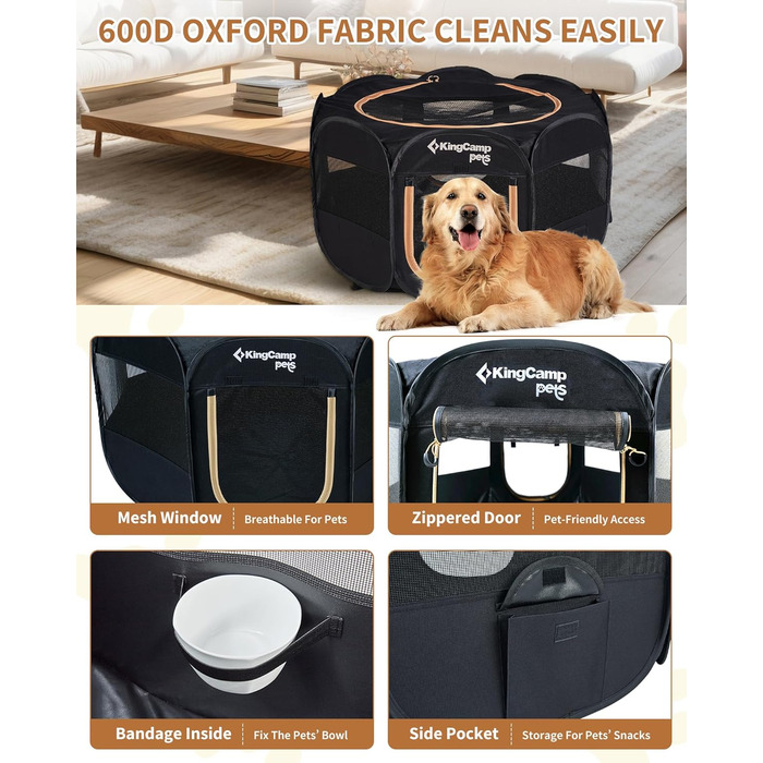 КінгКемп Переносний вольєр для собак, вольєр для цуценят, складаний вольєр для домашніх тварин, собаче намет з сумкою, для використання в приміщенні та на вулиці, знімний замок-блискавка знизу, розмір S: Чорний