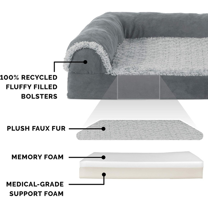 Ліжко для собак Furhaven XXL з ортопедичним матрацом Memory Foam, двоколірний штучний хутро та замша, Г-подібний диван, знімний і праний чохол, сірий, розмір Jumbo Plus (XXL)