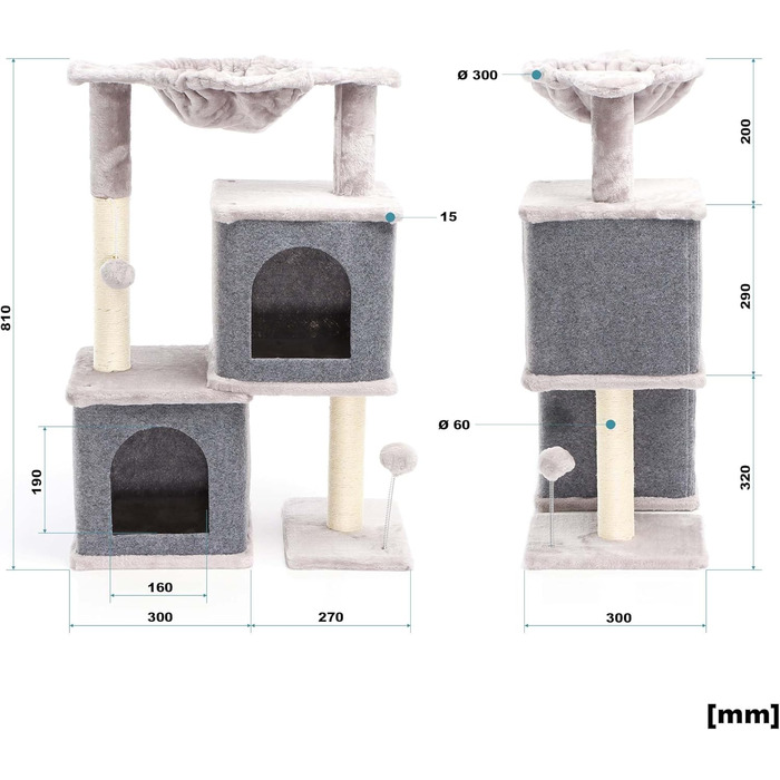 Котячий будиночок-крізьомачка Fudajo сірого кольору, 71,5 см, з платформою для відпочинку, лежаком, дряпалкою та будиночком для котів. Кліматичний комплекс для котів