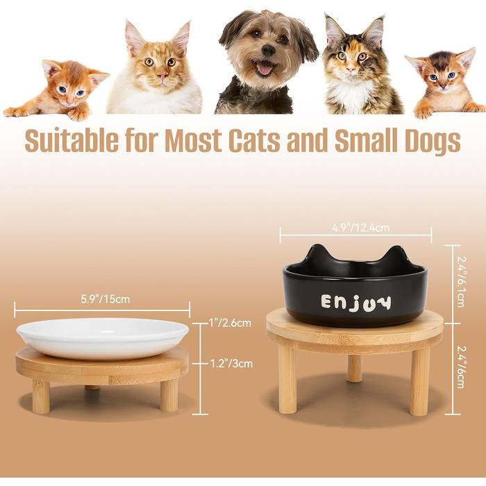 Миски для котів Erhöhte Katzen-Becher, широкі миски для котів з кераміки на бамбуковому підставці для домашніх тварин, миски для корму або води, зручні для вусів, для маленьких собак та кошенят в приміщенні (білі(2шт)) (чорні(3шт))