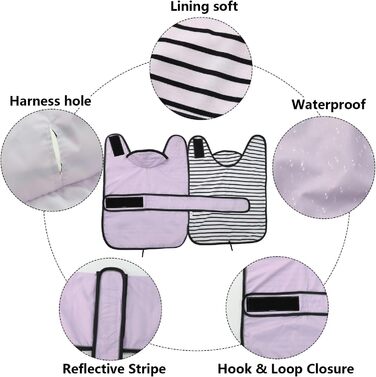 Дощовик для собак Geyecete, регульований, водовідштовхуючий, для такс, з світловідбиваючими ременями, з поясом на липучці, розмір M (довжина спини 42-45 см), колір фіолетовий