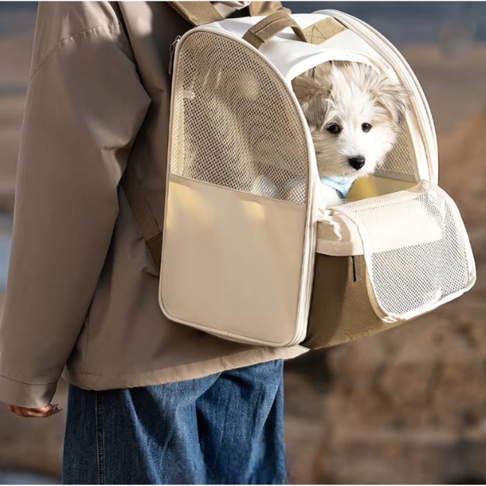 Складаний переноска-рюкзак для котів та собак, бежевий, великий, з сітчастими кишенями