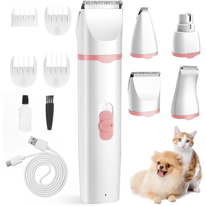Airminti 4в1 Тиха машинка для стрижки шерсті котів, USB-зарядка, 4 знімні насадки, машинка для собак, для догляду за очима/вухами/лапами/нігтями (Рожева)