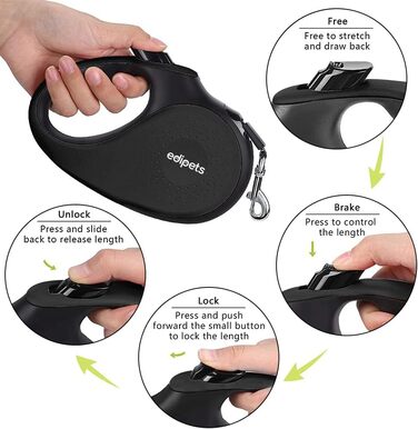 Нашийник для собак Edipets, висувний поводок 5 м, нейлон, 360°, чорний (M)