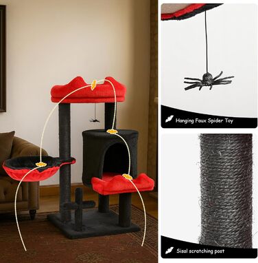 Котячий комплекс Gothic Halloween: стійка кімната з ліжком, будиночком та когтеточками, 84.5 см (Чорний/Червоний)