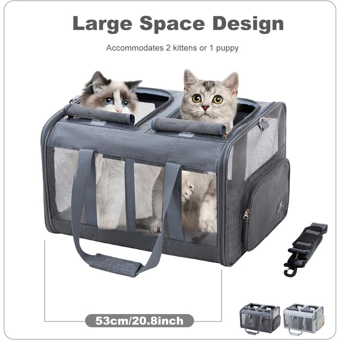 Транспортна сумка PETCUTE для котів середніх розмірів та маленьких собак до 17.5 кг, складана переноска з плечовим ременем та внутрішнім страхувальним шнуром, переноска для котів для подорожей, схвалена авіакомпаніями, темно-сіра