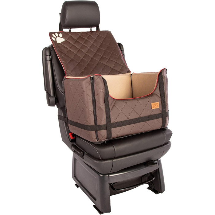 Транспортна переноска для собак Golden Dog з кріпленням на ремінь безпеки, 65x53x27 см, колір коричневий. Імітація шкіри, водовідштовхувальна, складна, підходить для автомобіля.