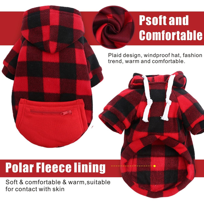 Теплий зимовий пуловер для собак з капюшоном та кишенею, в клітинку, розміри S-5XL (2XL, чорно-червоний)