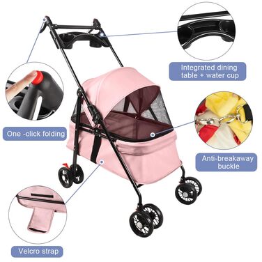 Складаний візок для тварин, 4 колеса, для собак/кішок, цуценят, 50 x 70 x 95 см (Рожевий)