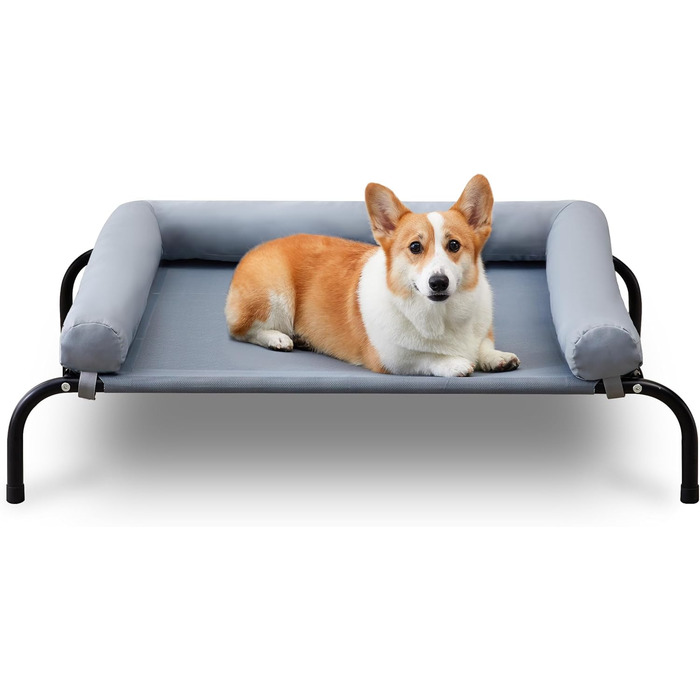 Зручне ліжко для собак на вулицю з піднятим бортиком, охолоджуюче, для маленьких та середніх собак, сіре, 87x63.5x20 см