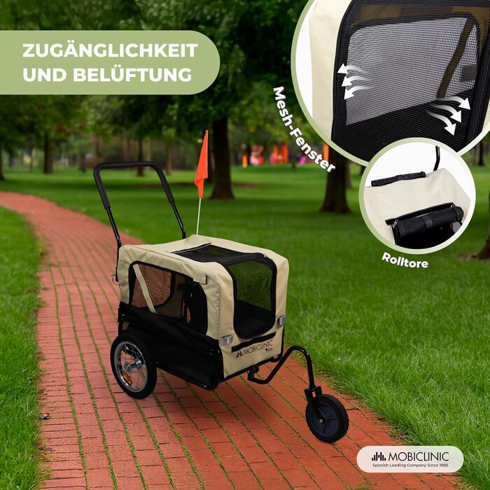 Mobiclinic® Причіп для собак на велосипед + візок для собак 2 в 1, до 40 кг, водовідштовхувальний тент, 123x67x100 см, відбивачі та прапорці, 600D Oxford, для маленьких та середніх собак