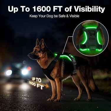 Світловідбиваючий нашийник для собак великих порід Feycig з LED підсвічуванням, акумуляторний, регульований, 3 режими освітлення, висока видимість (Чорний, Large)