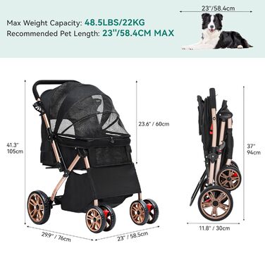 Візок для собак YITAHOME, чорний, для маленьких собак, з обертовим ручками, сітчастими вікнами та гальмами