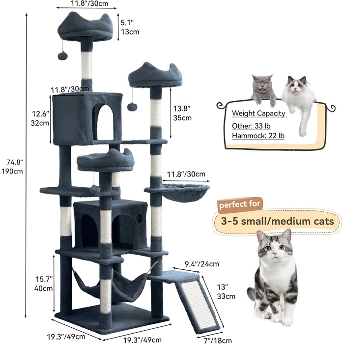 Кігтеточка YITAHOME 190 см, багатоярусна, з сизалю, з гамаком та лежаками, сіра – центр активності для котів