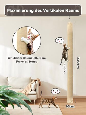 Кліматизатор для котів BSWAY 16x16x240 см, котяче канатне дерево, мішок з сизалю, котячий кліматизатор з гачками та наповнювачем