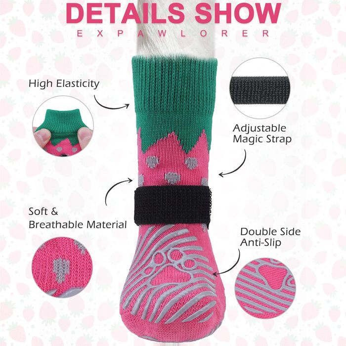 Шкарпетки для собак EXPAWLORER проти ковзання, захист лап, 6 шт. (Medium), полуниця