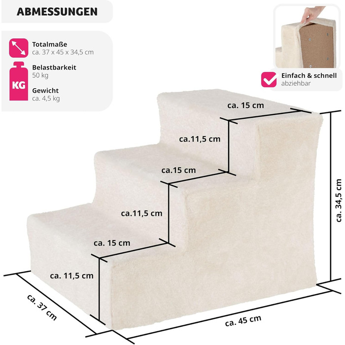 Сходинка для тварин tectake®: для собак та котів, допомога у підйом, знімний чохол, плоскі сходинки, для дивану, ліжка, авто (7 x 45 x 4,5 см)