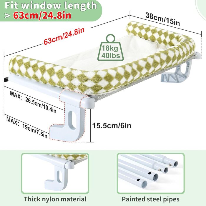 Крісло-гамак для котів Sunhoo на підвіконня, стійка, до 18 кг, зелений, 61x38 см