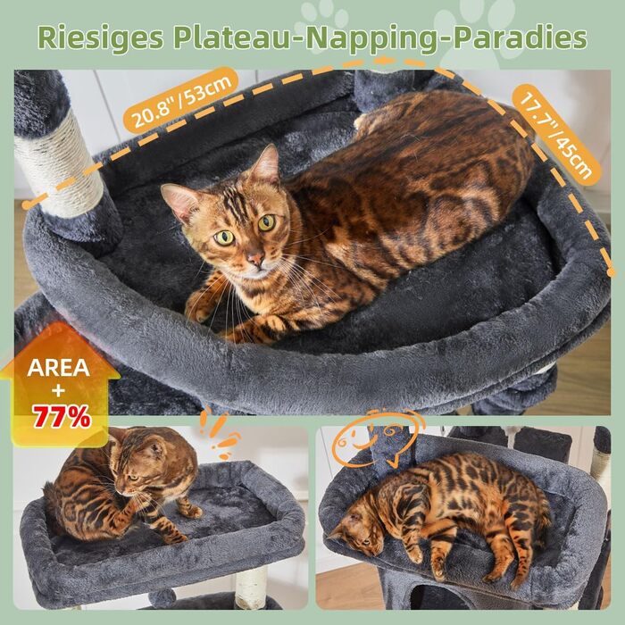Комплекс для котів Taoqimiao 180 см XXL: Дряпка-стовпчик для великих котів (Мейн-кун), будиночок, гамак, платформа, 9 стовпчиків, кошик, темно-сірий