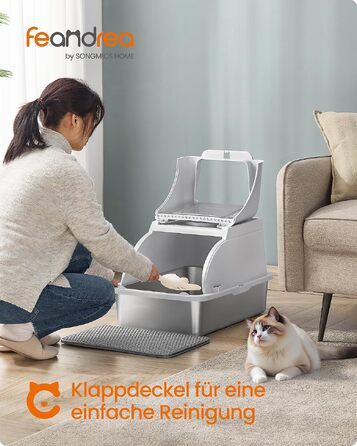Лоток для котів Feandrea з кришкою зі сталі (нержавіюча сталь), XL, для котів до 15 кг, світло-сірий